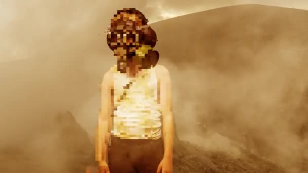 Kind draagt gasmasker tegen vulkanische achtergrond — Stockvideo