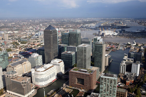 A view of london docklands skyline from a helicopter
