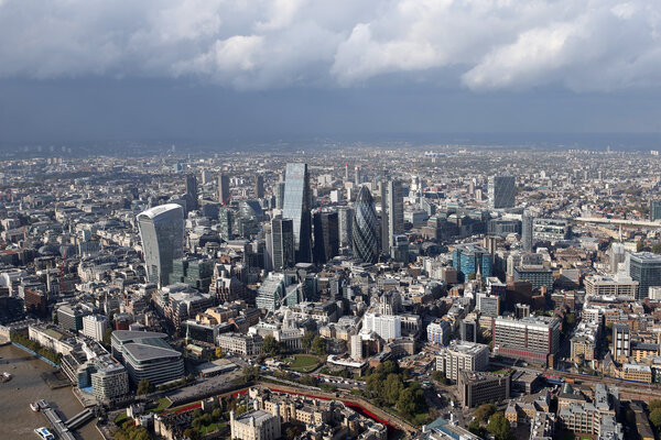 A view of london city skyline from a helicopter