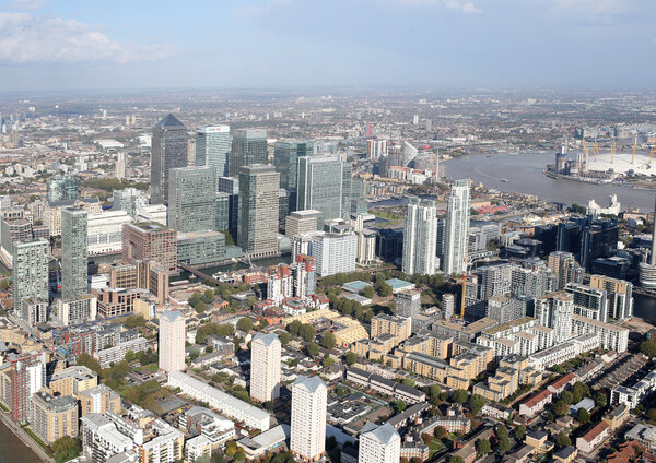 A view of london docklands skyline from a helicopter