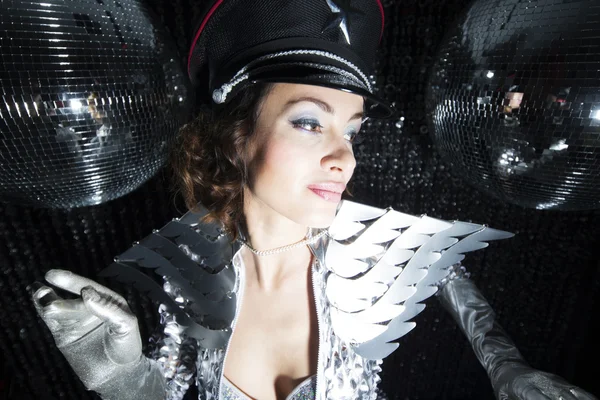 Sexy disco dancer in solver costume — Stock Photo, Image