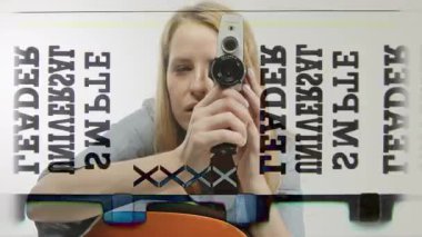 pretty woman holding different analogue vintage 35mm film cameras