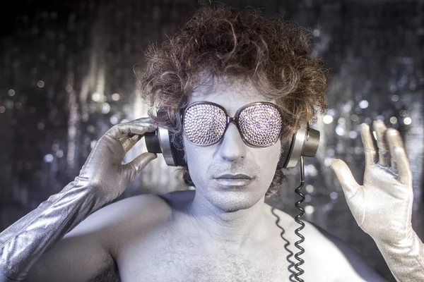 Portrait Man Shining Sunglasses Headphones — Stock Photo, Image