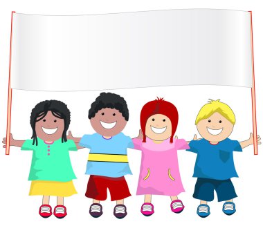 Bir afiş taşırken yürüyen çocuklar bir küçük grup 