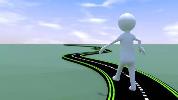 Man walking out along long road ahead