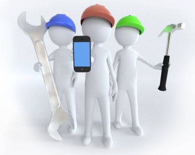 Ekip çalışanları, aletleri ve kaskları var.