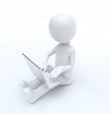 Küçük 3D kişi dizüstü bilgisayar kullanarak oturuyor