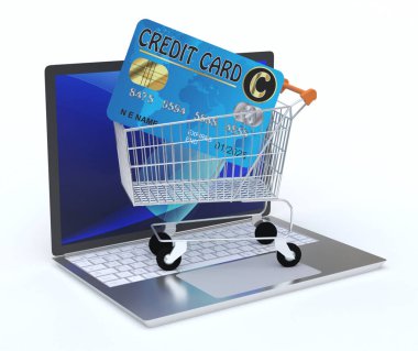 Alışveriş arabası ve kredi kartı internet alışveriş konseptiyle dizüstü bilgisayar