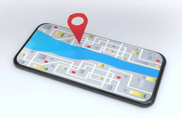 Mobile phone with map and location pins 3D render