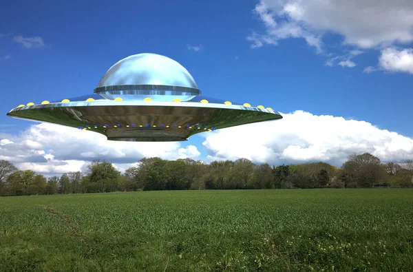 Ufo Felett Repülő Zöld Mező — Stock Fotó