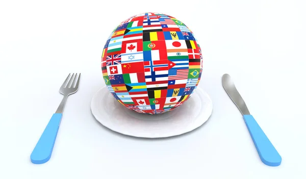Världens Flaggor Tallrik Med Kniv Och Gaffel Världens Mat — Stockfoto