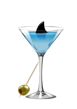  illustration of pink cocktail in a sparkling glass with shark fin