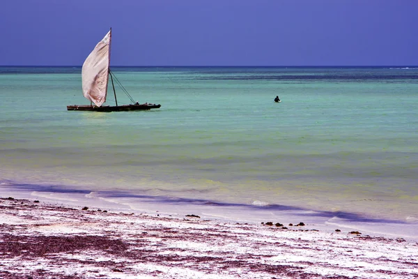 Costline lodi pirague v modré laguně uvolnit Afrika — Stock fotografie