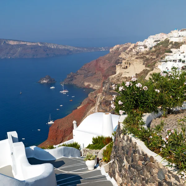 Flores en arquitectura europe cyclades santorini casco antiguo —  Fotos de Stock