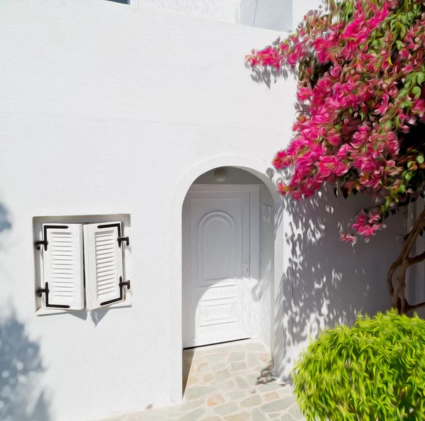 Flores en arquitectura europe cyclades santorini casco antiguo — Foto de Stock