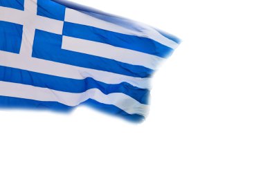 mavi gökyüzünde ve bayrak direğine Yunanistan bayrağı sallayarak beyaz