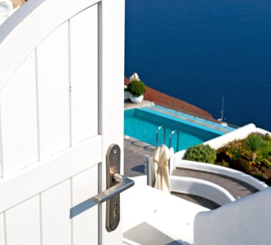 Beyaz ve mavi ev santorini Yunanistan Avrupa eski yapı