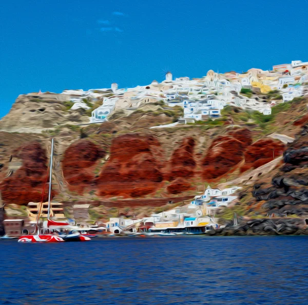 Vanaf een boot in Europa Griekenland santorini eiland huis en rotsen — Stockfoto