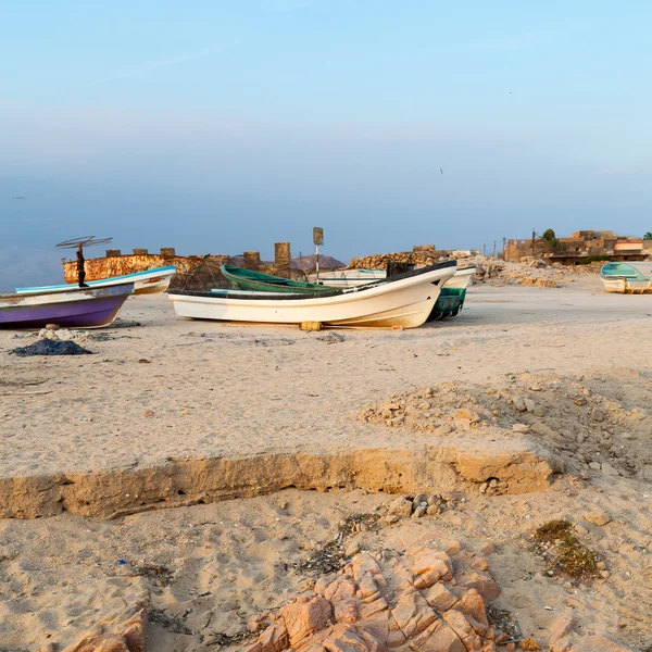 W łodzi oman w wybrzeża i mewa w pobliżu ocean — Zdjęcie stockowe