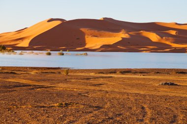 Göldeki güneş ışığı Fas 'taki sarı çöl ve kum tepesi