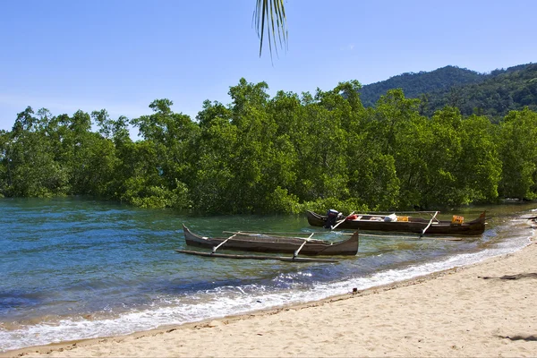 Madagascar entrometido ser piedra rama barco palma laguna y costa — Foto de Stock