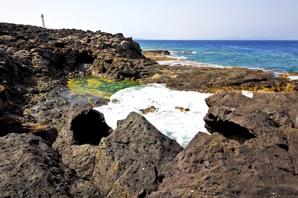 Hervideros бурый камень на белом побережье маяка — стоковое фото