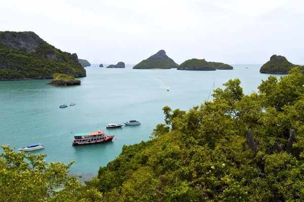 Boot kustlijn op een groene lagune en de baai — Stockfoto