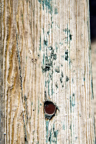 Chiodo di metallo verde nella porta di legno rosso marrone e — Foto Stock