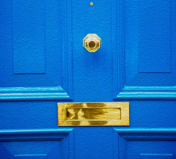 アンティークの茶色のドアのさびた真鍮の爪をロンドンで青いハンドルと — ストック写真