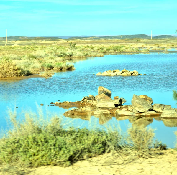 Lake  in    valley  morocco    africa the atlas dry mountain wat — Stock Photo, Image