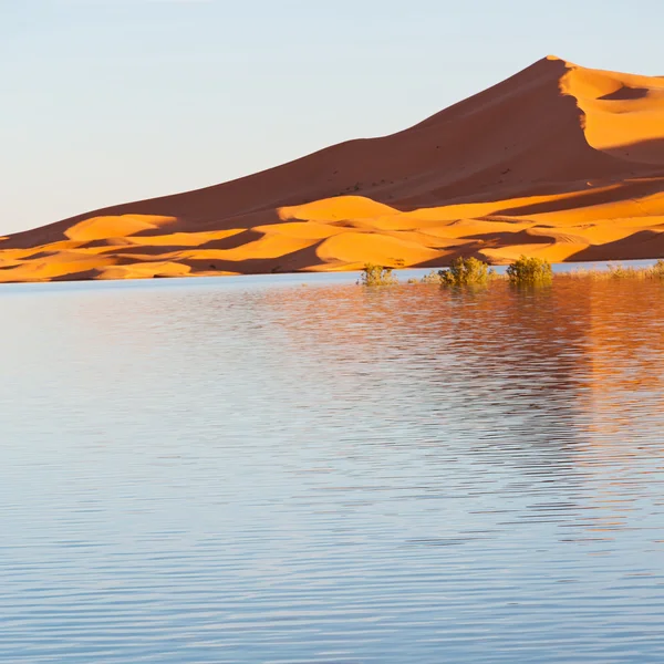 Sole nel deserto giallo lago di sabbia marocco e dune — Foto Stock