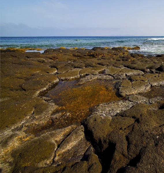 西班牙麝香岩石天空水海岸线夏天在兰萨罗特岛 — 图库照片