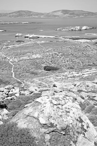 Mar en delos greece la acrópolis histórica y el sitio viejo de la ruina —  Fotos de Stock