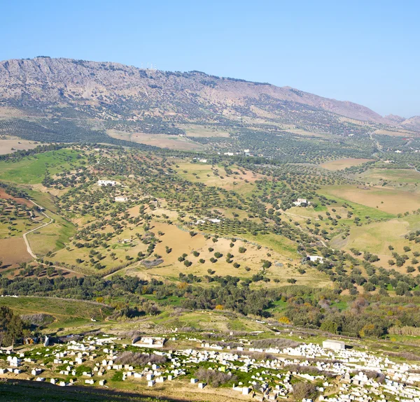 Von hoch oben im Dorf Marokko Afrika Feld und Bauten — Stockfoto