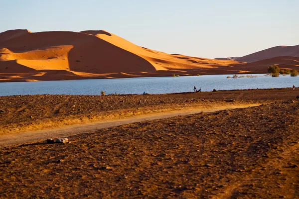 Luz do sol no lago deserto amarelo de morocco e duna — Fotografia de Stock