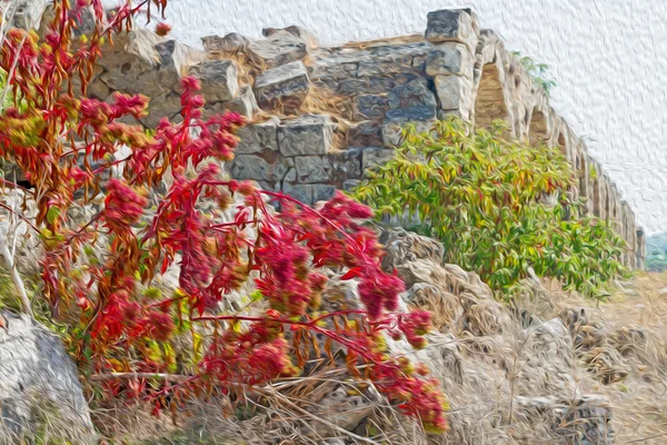 In athens die alte säule rote blume — Stockfoto