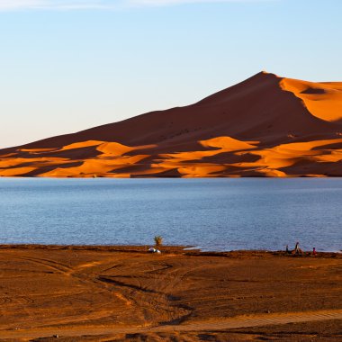 Göldeki güneş ışığı Fas 'taki sarı çöl ve kum tepesi