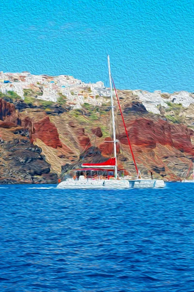 De um barco na europa grécia santorini ilha casa e rochas — Fotografia de Stock