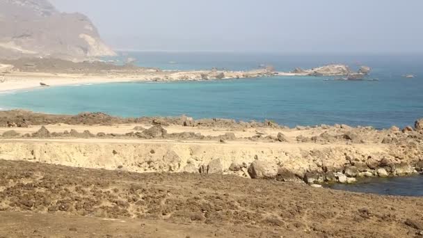 W pobliżu piaszczystej plaży niebo palmy i góry Morze Arabskie oman wzgórza — Wideo stockowe