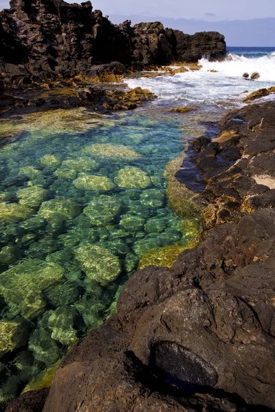 Bewölkt Strand Wasser Lanzarote Felsen Spanien Stein Himmel — Stockfoto