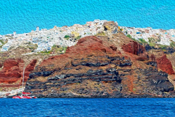 De um barco na europa grécia santorini ilha casa e rochas — Fotografia de Stock