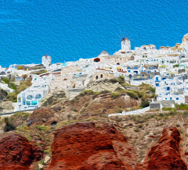 欧洲有一艘船从希腊圣托里尼岛房子和岩石 — 图库照片
