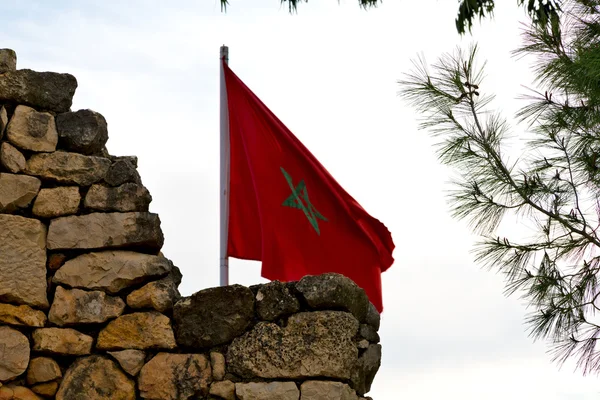 Integetett zászló, a kék ég színe és utcai lámpa Tunézia — Stock Fotó