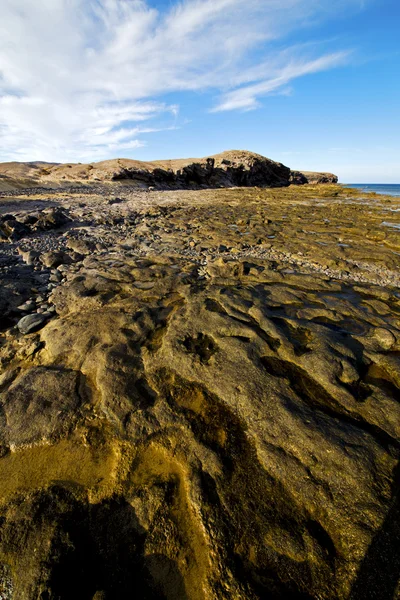 海滩轻水在兰萨罗特岛泡沫岩石西班牙陆地 sca — 图库照片