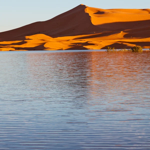 Sole nel deserto giallo lago di sabbia marocco e dune — Foto Stock