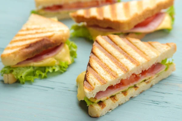 Close Sandwich Ham Cheese Tomato Blue Background — Stock Photo, Image