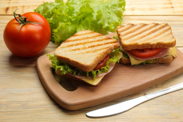 Close Sandwich Ham Cheese Tomato Wooden Background — Stock Photo, Image