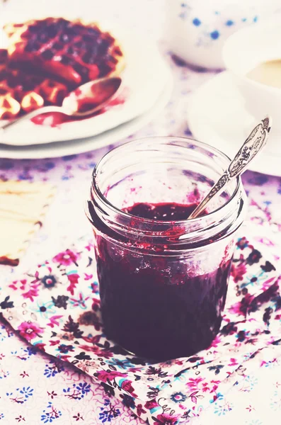 Blueberry jam and waffles for breakfast table — Stock Photo, Image