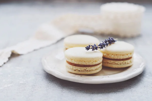 Βανίλια macaroons με λεβάντα και γέμιση καραμέλας — Φωτογραφία Αρχείου