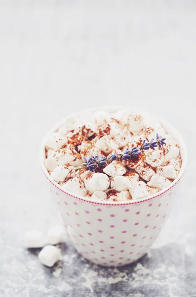 Cacao met marshmallow gegarneerd met lavendel en kaneel poeder — Stockfoto